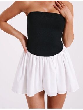 Meshki Hannah Mini Strapless Dress with Black Knit Top and Linen Skirt